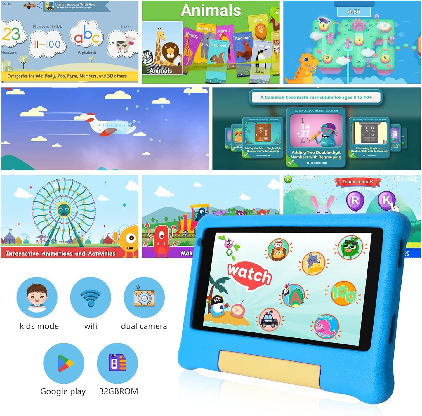 Kids Tablet 7 Inch, Android 13 Tablet for Kids, 5GB RAM+32GB ROM 128GB Expand, Parental Control, Kids Software Pre-Installed, Dual Camera, Android Learning Tablet with Proof Case(Blue)