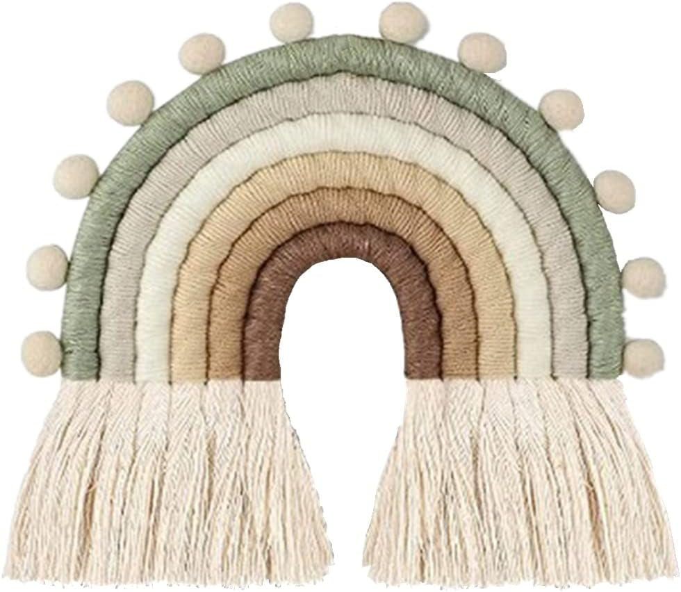 Rainbow Macrame Wall Hanging Decorations for Nursery Décor, Kids Bedroom Woven Tassel for Girls& Boys, Handmade Playroom Cotton Accessories for Baby Toddler Room (Beige)