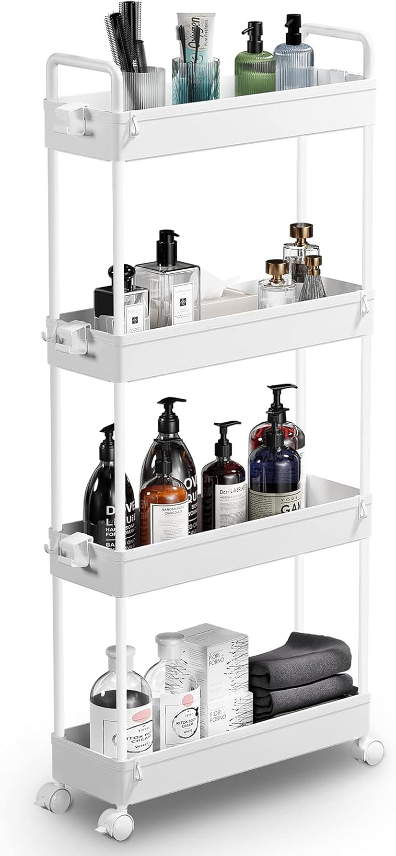 4-Tier Storage Trolley Cart Slide-Out Slim Rolling Utility Cart Mobile Storage Shelving Organizer for Kitchen, Bathroom, Laundry Room, Bedroom, Narrow Places, Plastic, White