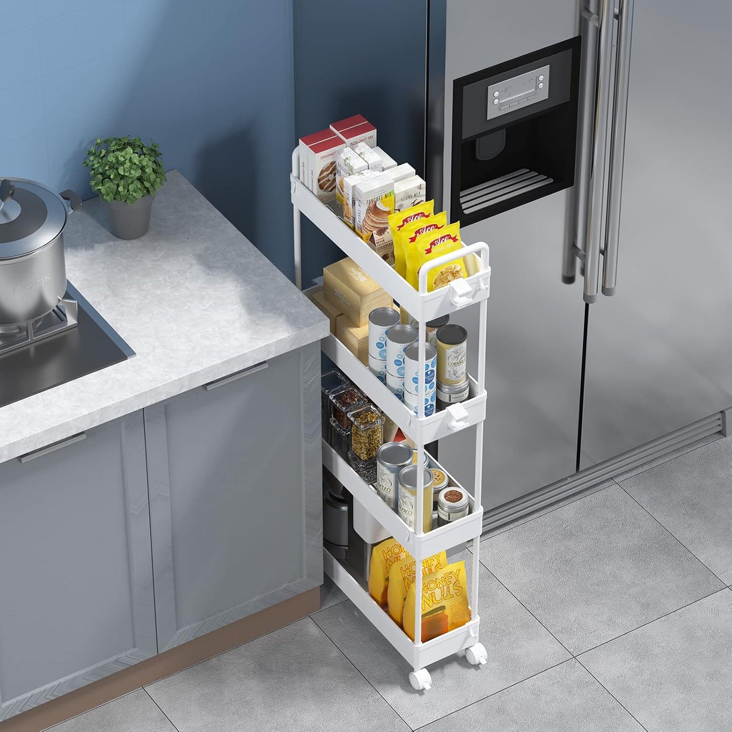 4-Tier Storage Trolley Cart Slide-Out Slim Rolling Utility Cart Mobile Storage Shelving Organizer for Kitchen, Bathroom, Laundry Room, Bedroom, Narrow Places, Plastic, White