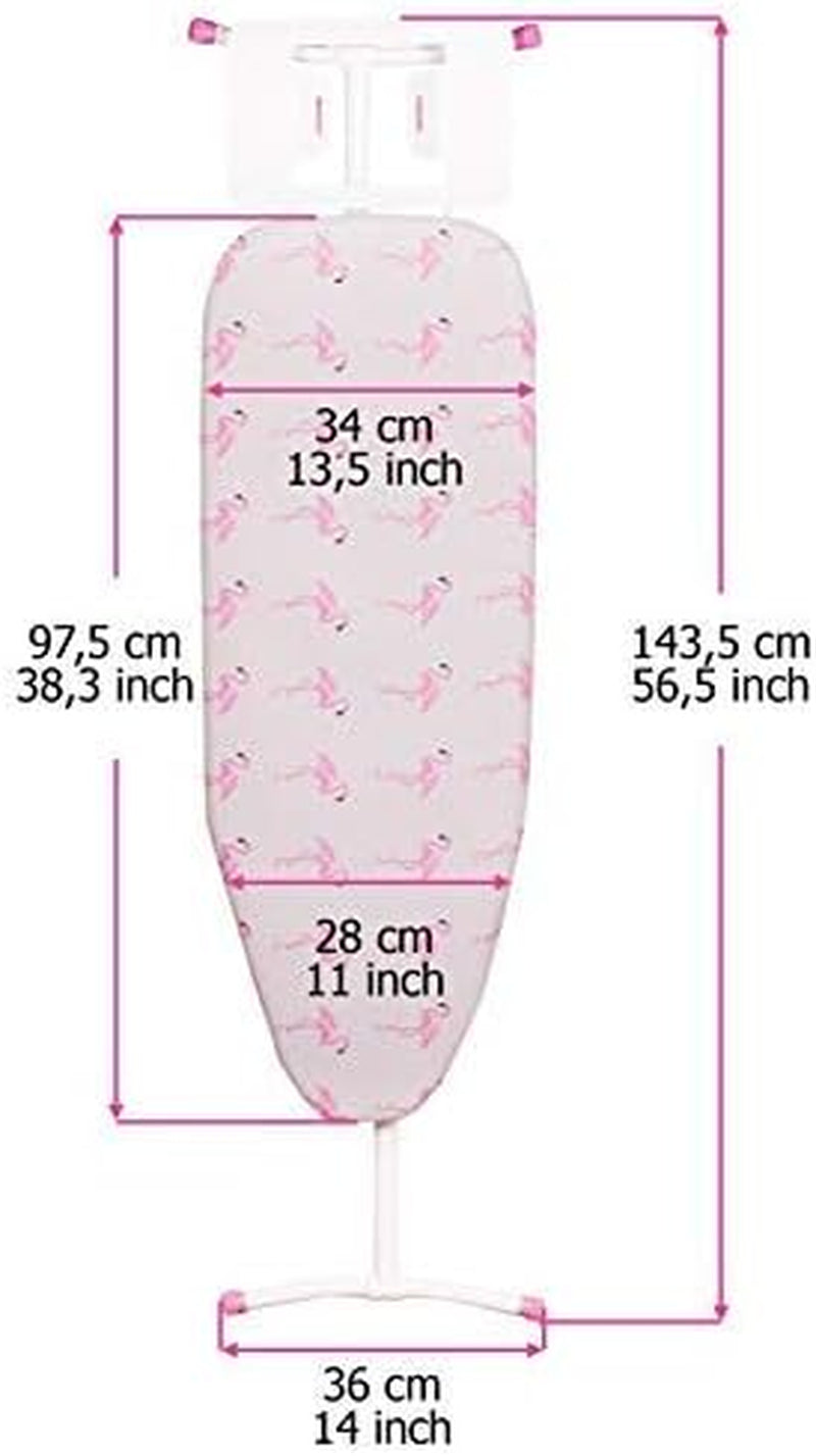 T-Leg Adjustable Height Ironing Board with Grey and Flamingo Cotton Cover + Extra Cover