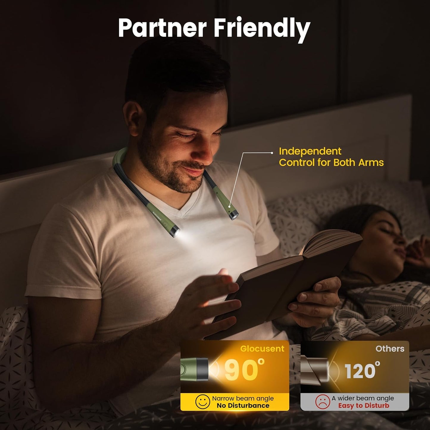 LED Neck Reading Light, Book Light for Reading in Bed, 3 Colors, 6 Brightness Levels, Bendable Arms, Rechargeable, Long Lasting, Perfect for Reading, Knitting, Camping, Repairing