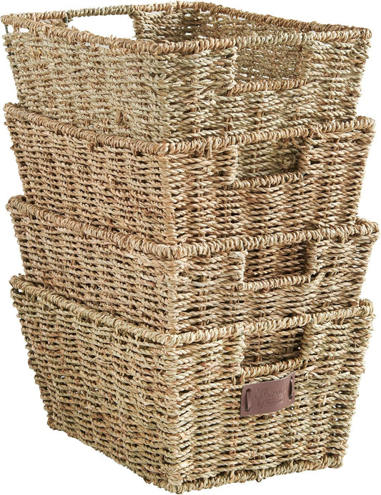 Seagrass Storage Baskets, Set of 4 Hand-Woven Display Hampers - Bathroom Storage Baskets for Shelves - Nesting Natural Wicker Seagrass Baskets for Storage W/Handles for Bedroom & Home Office