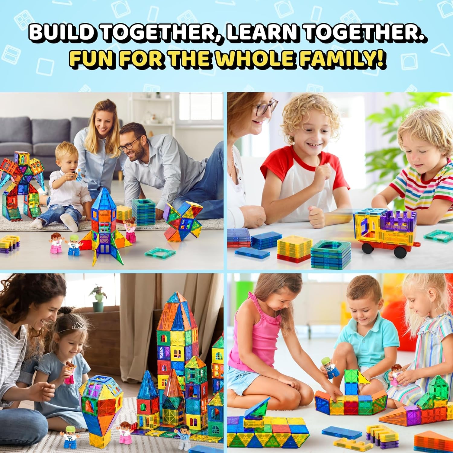 Magnetic Tiles - 100 Piece Set + 4 Play Figures + Storage Bag - Magnetic Building Blocks for Kids - Educational STEM Magnet Toys for 3, 4, 5, 6, 7 Year Old Boys & Girls - Magnetic Shapes