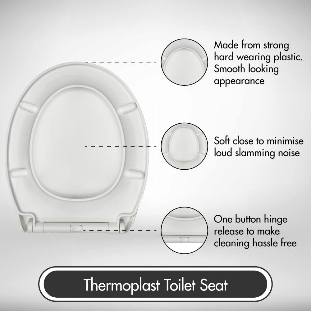® Premium Thermoplastic Toilet Seat - Soft Close Hard-Wearing Seat with One Button Hinge Release, O-Shaped - Easy to Clean and Install with Universal Fittings, White