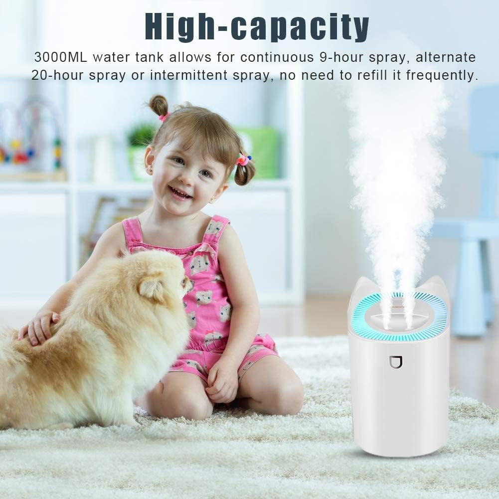 Humidifier, 3L Humidifier for Bedroom (Lasts up to 20 Hours), Air Humidifiers for Home with Color Changing Night Light for Baby Plant Office, 3 Mist Modes, 2 Nozzles, Auto Shut Off
