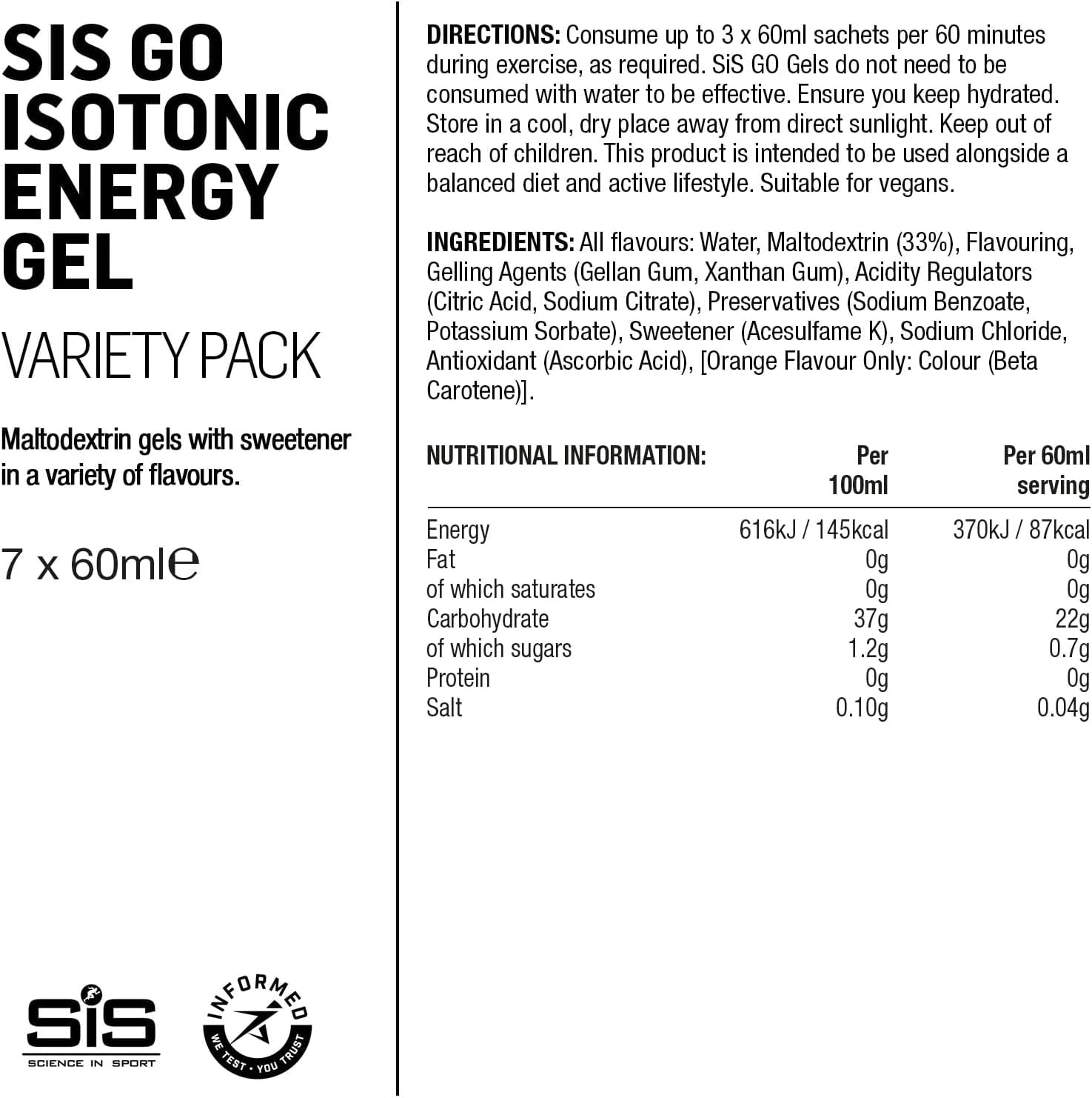 GO Isotonic Energy Gels, Running Gels with 22G Carbohydrates, Low Sugar, Variety Pack of Assorted Flavours, 60Ml per Serving (7 Pack)