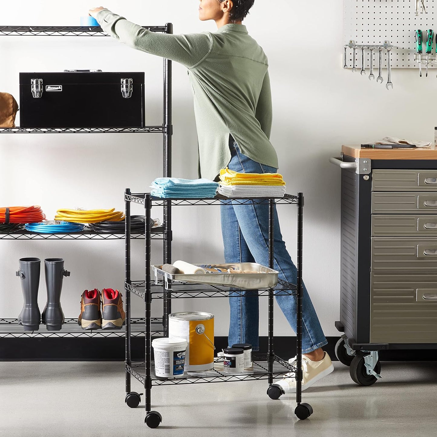 3-Shelf Narrow Storage Unit on Wheels with Height Adjustable Shelves and Levelling Feet, 340 Kg Max Weight, Black, 34 Cm D X 58.9 Cm W X 83.2 Cm H