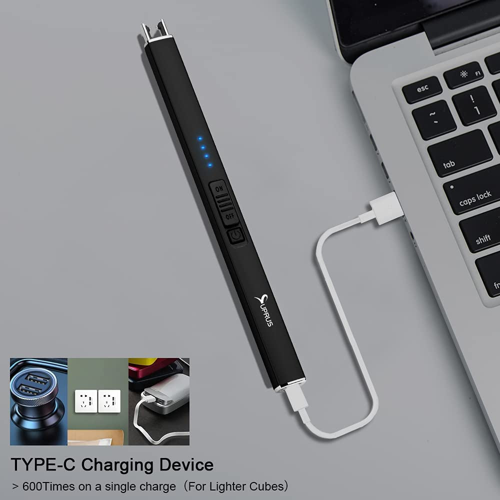 Electric Lighter Arc Windproof Flameless USB Lighter Rechargeable Lighter with Safety Lock for Candle BBQ Camping (Black)