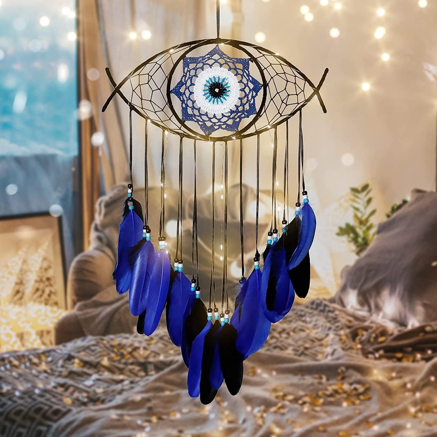 Evil Eye Dream Catcher Hand-Woven Blue Macrame Dreamcatcher Evil Eye Wall Hanging Home Decoration Ornament Kids Christmas Thanksgiving Blessing Gift