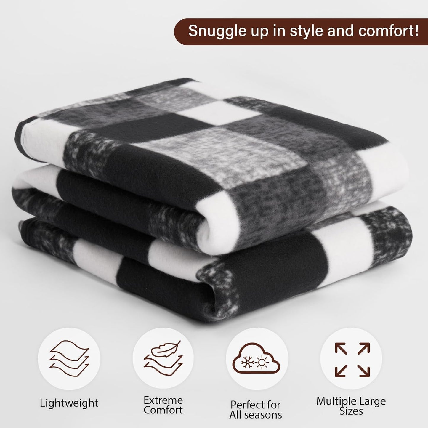 Winter Check Fleece Blanket Super Soft Warm Cosy Sofa Bed Picnic Garden Throw Over, Plaid Tartan Black - 120 X 150Cm