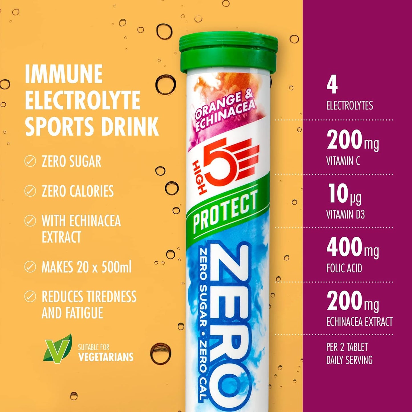 ZERO Protect Electrolyte Tablets | Hydration Tablets with Vitamin C & D | 0 Calories & Sugar Free | Boost Hydration, Performance & Wellness | Orange & Echinacea, 20 Tablets (20X, Pack of 1)