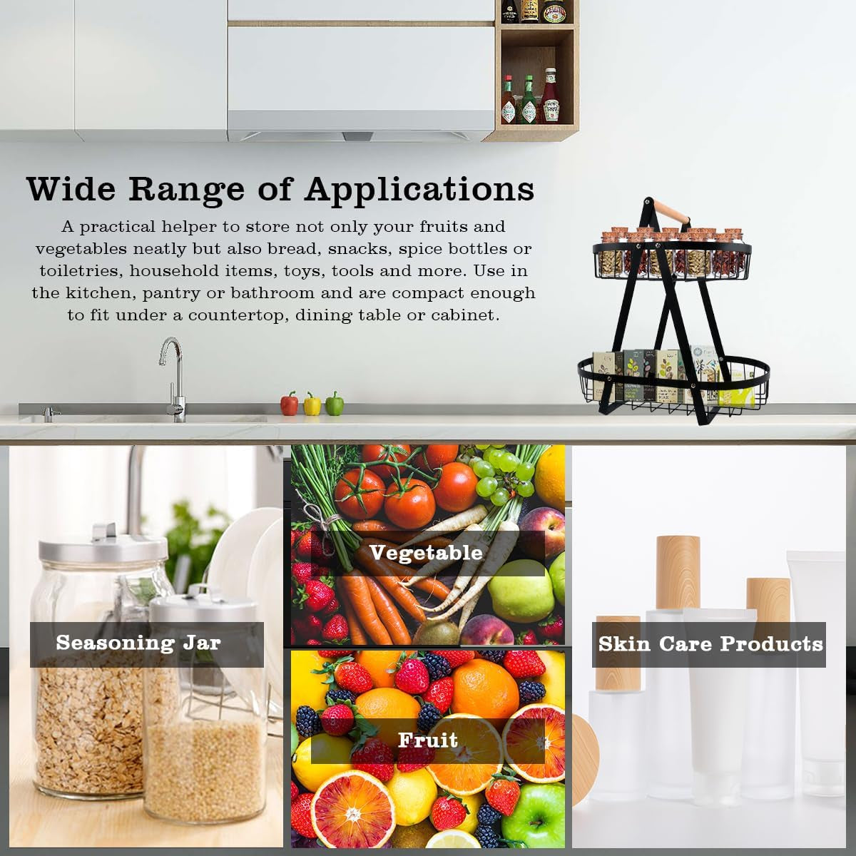 2-Tier Fruit Basket,Fruit Bowl Holder Bread Basket Vegetable Rack, Detachable Fruit Holder for Fruit, Vegetables, Snacks in Home, Kitchen Office,With Screwdriver