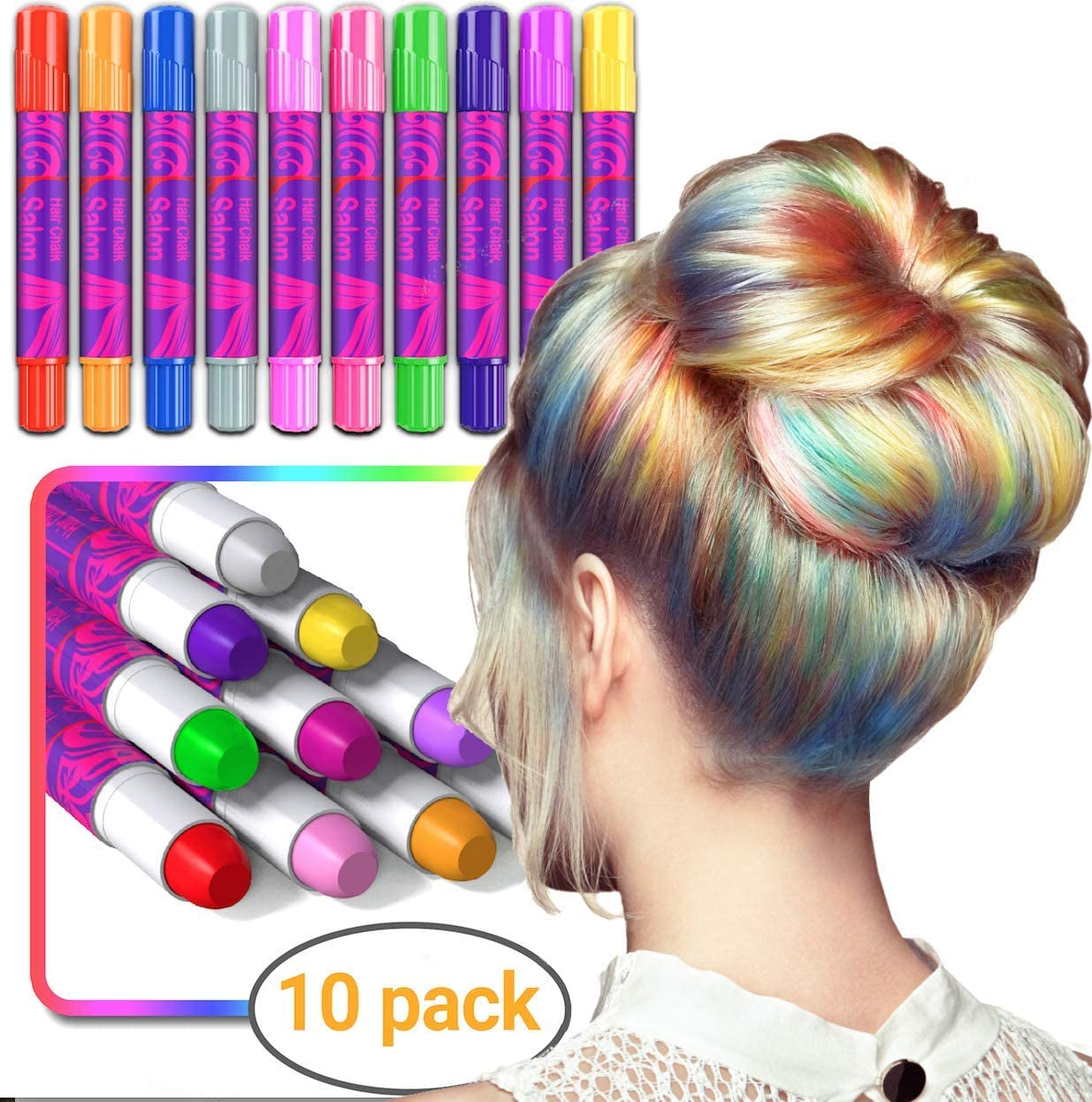 Hair Chalk Gifts for Girls - 10 Temporary Non-Toxic Easy Washable Hair Dye Colourful, Metallic, Glitter Pens - Games Birthday Present