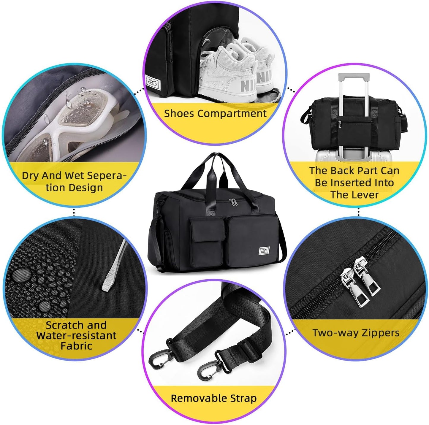 Womens Mens Sports Gym Bag Duffle Bag with Shoes Compartment, Weekend Travel Bag Overnight Bag for Women, Water Resistant Holdall Hospital Bag for Swimming Black