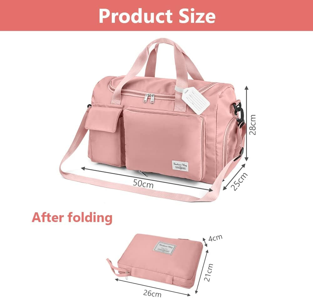 Duffel Bag, Foldable Overnight Weekend Bags for Women, Lightweight Hospital Bag with Wet and Dry Separation Bag, Large Holdall/Cabin/Gym Bag for Sports and Travel - Pink