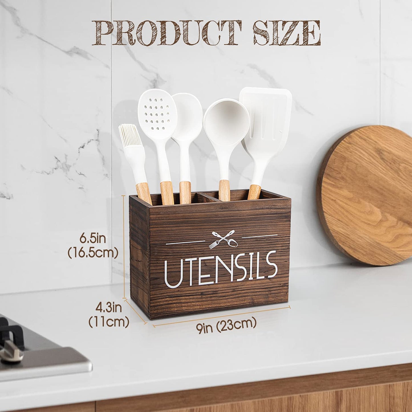 Wooden Kitchen Utensil Holder, Utensil Organizer for Countertop, Rustic Wood for Farmhouse Kitchen Decor, Farmhouse Utensil Caddy with 2 Compartments (Brown)