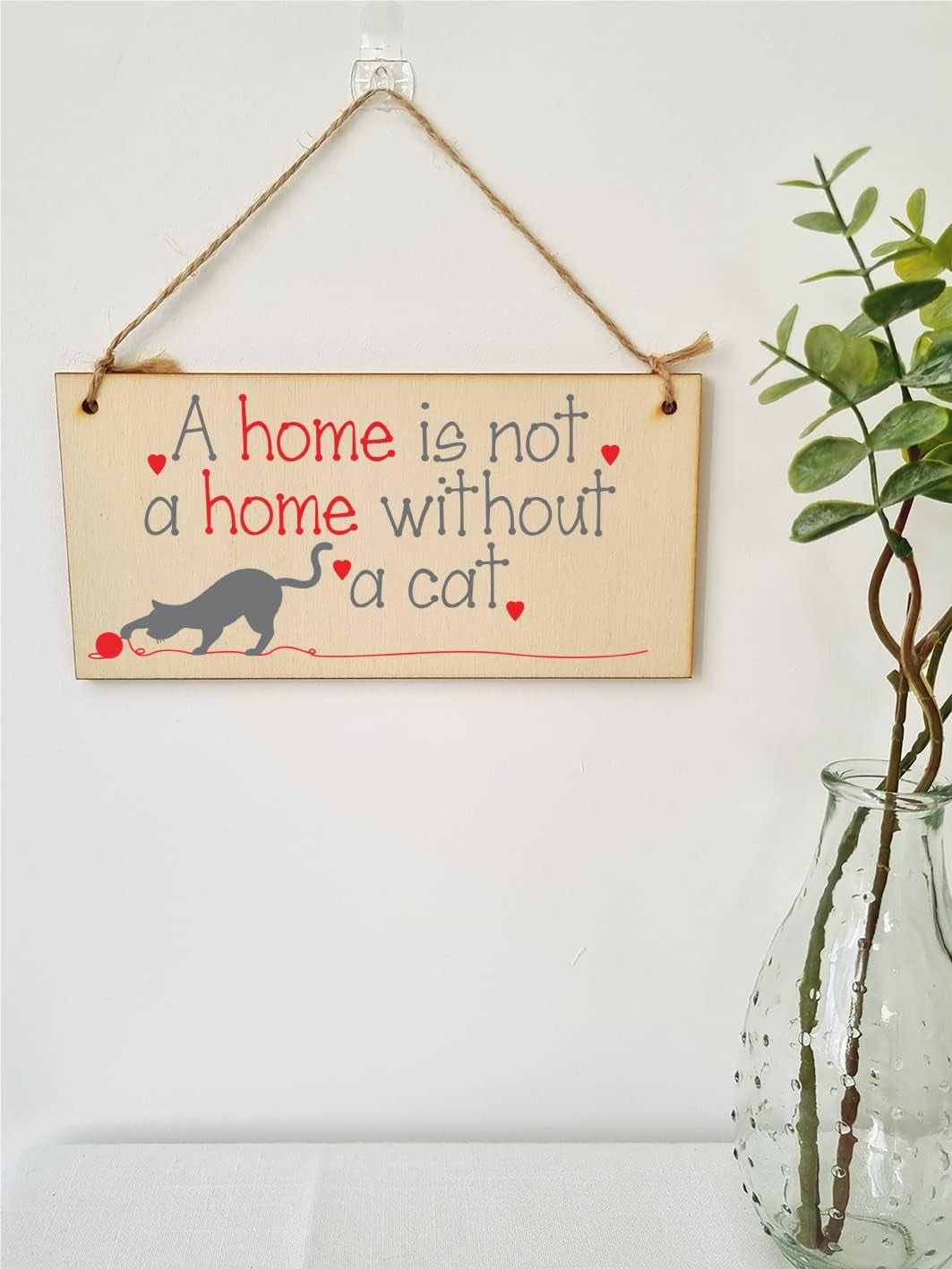 Handmade Wooden Hanging Wall Plaque Not a Home without a Cat Pet Lover Cat Mum Dad Sign
