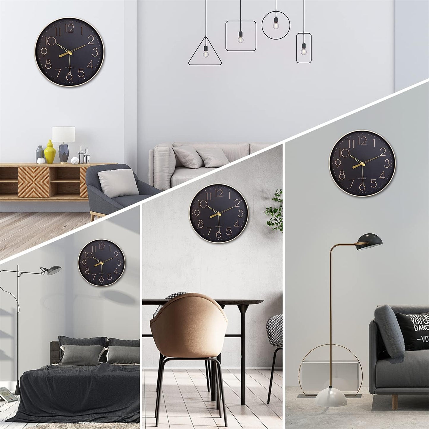 Black Wall Clock 12" Silent Non Ticking Arabic Numeral Clock round Decorative Wall Clock for Living Room, Bedroom, Kitchen (Battery Not Included) Gold Numbers