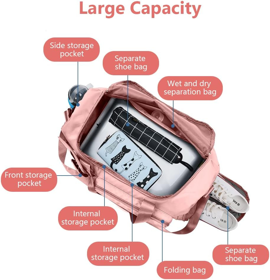 Duffel Bag, Foldable Overnight Weekend Bags for Women, Lightweight Hospital Bag with Wet and Dry Separation Bag, Large Holdall/Cabin/Gym Bag for Sports and Travel - Pink
