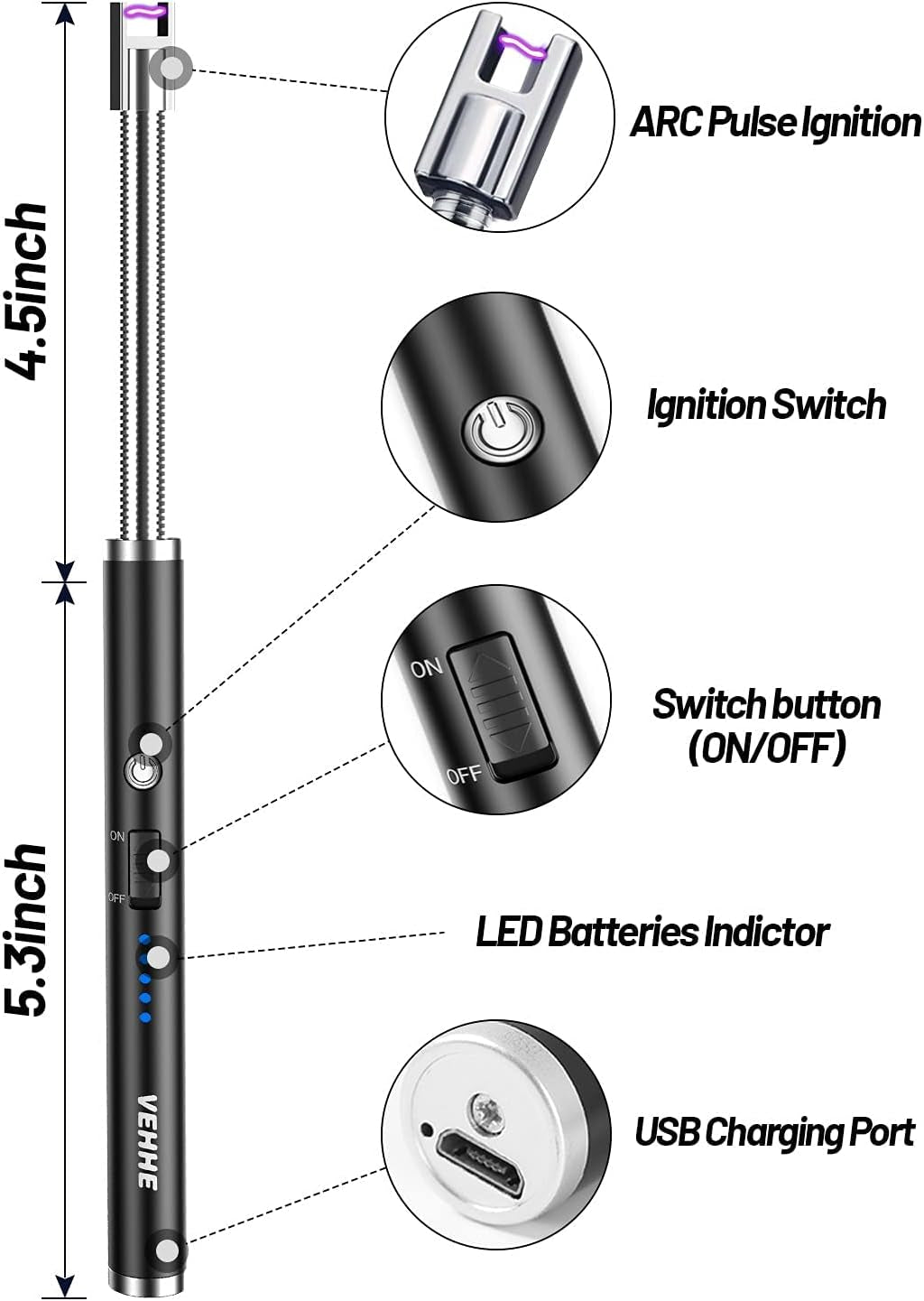 Candle Lighter, Electric Lighter Rechargeable USB Lighter with 360° Long Flexible Neck, Arc Windproof Lighter with LED Battery Display, for BBQ Camping Light Candles Gas Stoves
