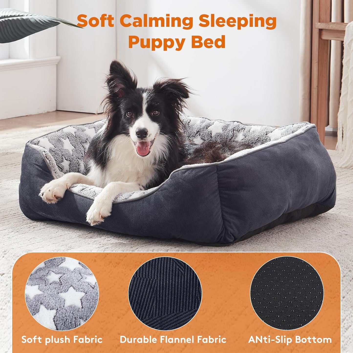 Medium Dog Bed Washable(64X53Cm), Super Soft Cosy Dog Beds Grey Pet Bed, Premium Grey Rectangle Puppy Bed for Small Medium Large Dogs, Ideal for Labrador, Chihuahua, Springer Spaniel, Etc