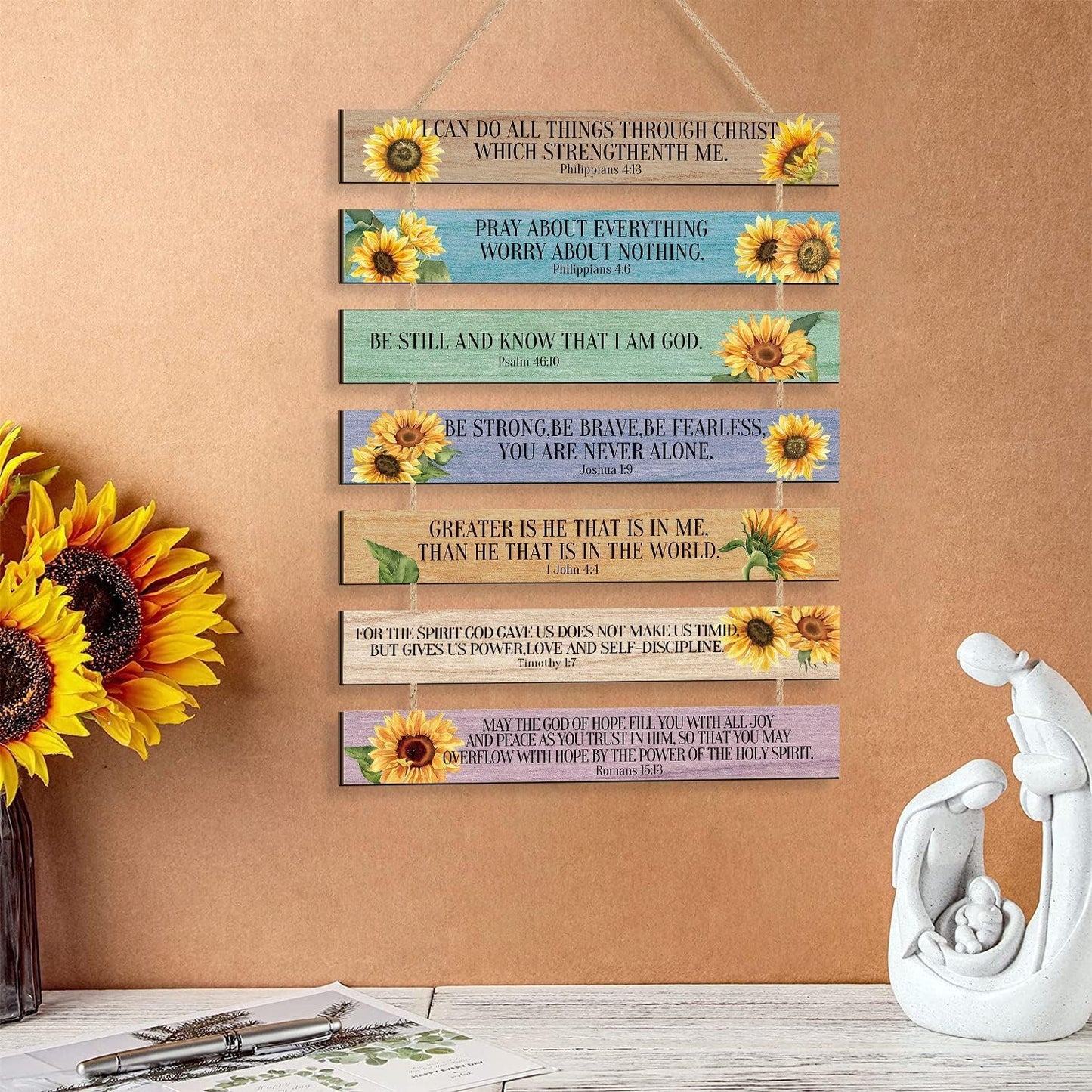 Bible Verse Wood Sign,Sunflower Christian Wall Art,(1.5"X12"), Bible Gift Set Ordination Gifts the Chosen Gifts,Baptism Christian Gifts for Women Inspirational Plaque Sign for Home,Office Decor