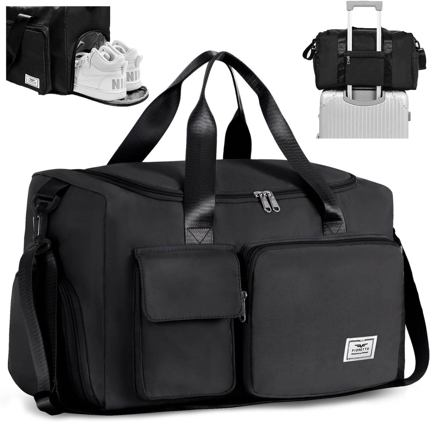 Womens Mens Sports Gym Bag Duffle Bag with Shoes Compartment, Weekend Travel Bag Overnight Bag for Women, Water Resistant Holdall Hospital Bag for Swimming Black