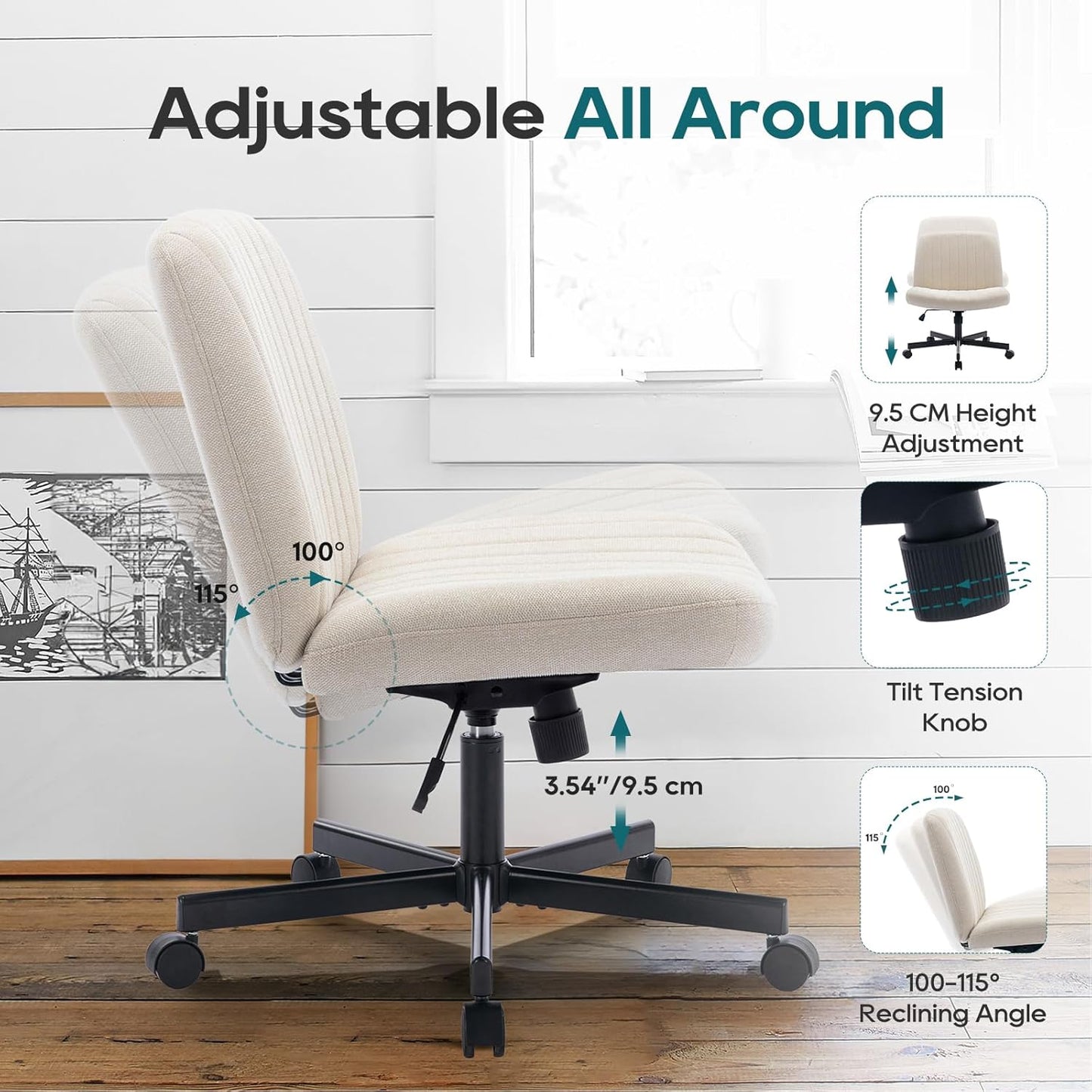 Wide Office Chair, Padded Armless Task Vanity Chair Swivel Home Office Desk Chair 115°Rocking Mid Back Ergonomic Computer Chair for Home Working, Make Up, Gaming (With Wheels, Beige)