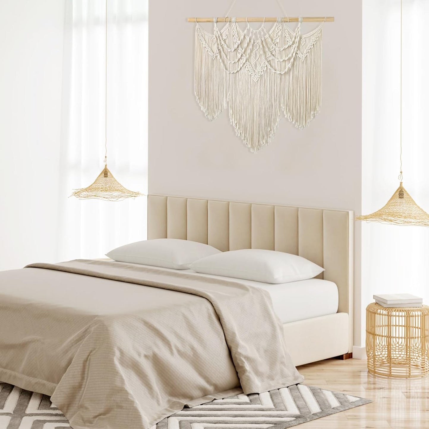 Large Macrame Wall Hanging Boho Handmade Woven Tapestry Tassel Craft Ornament Wall Art Beige Natural Cotton Rope Bohemian Chic Wall Decor for Bedroom Living Room Office Apartment