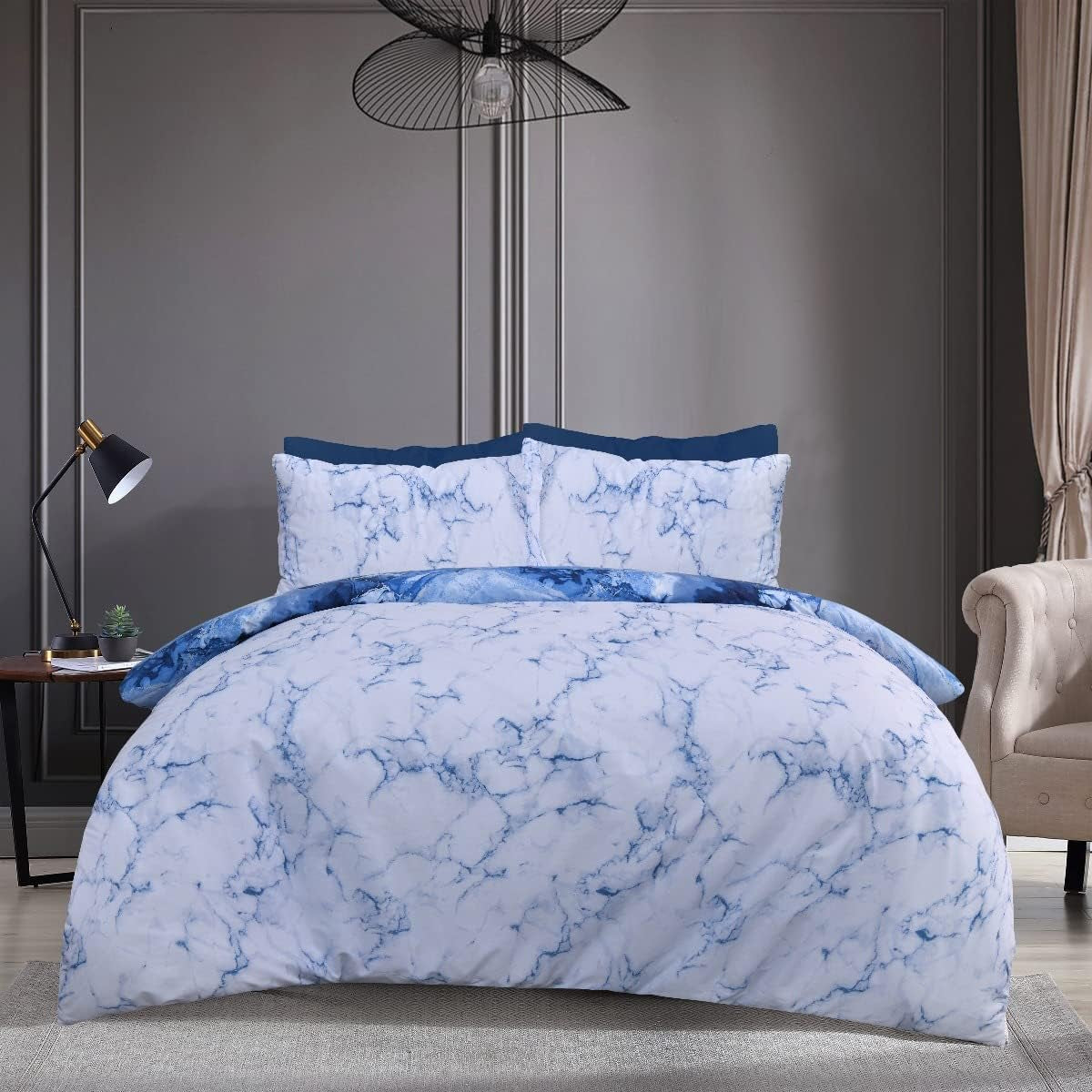 Metallic Marble Sparkle Glitz Blue Silver Reversible Soft Easy Care Duvet Cover Quilt Bedding Set with Pillowcase - Single (135Cm X 200Cm)