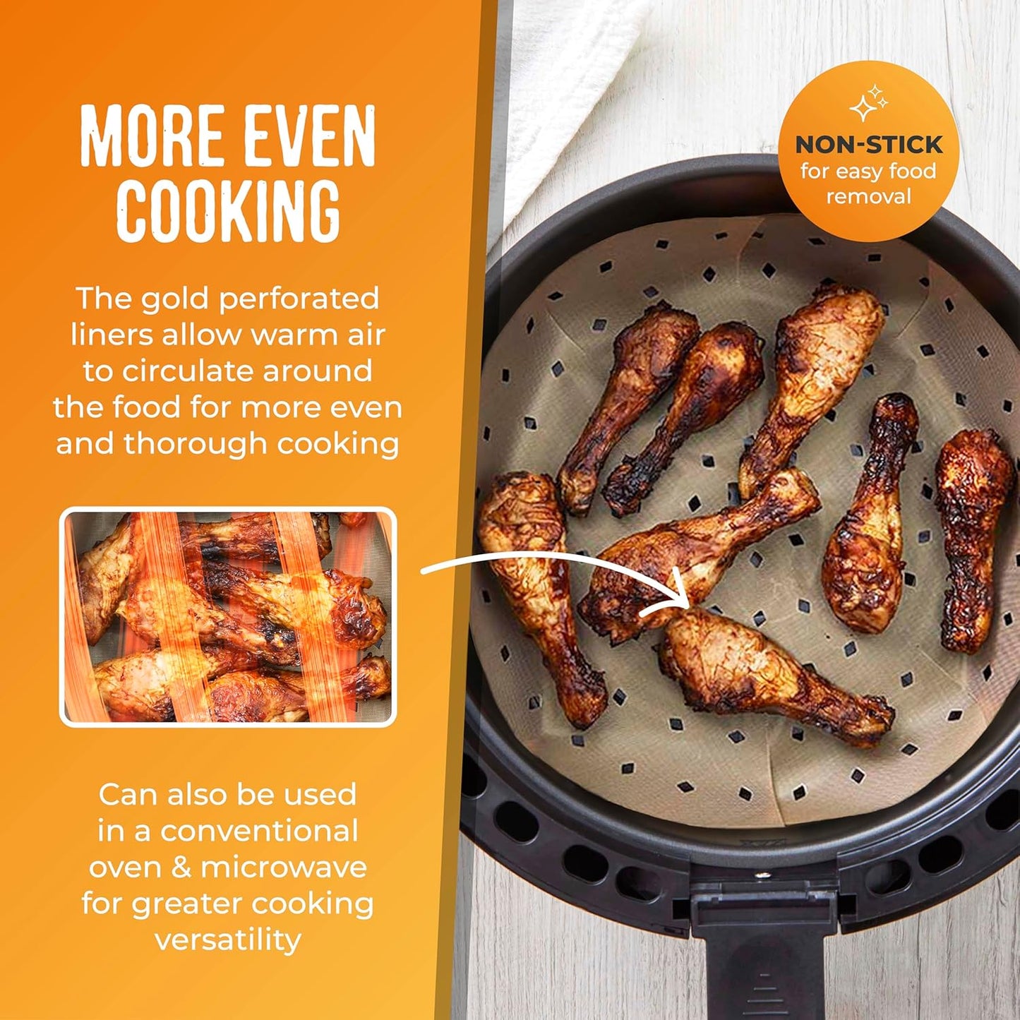 TLINER1 4 Pack of round Air Fryer Liners, Suitable for Air Fryers between 2 Litre and 4 Litre, Non-Stick, Reusable, Gold & Black