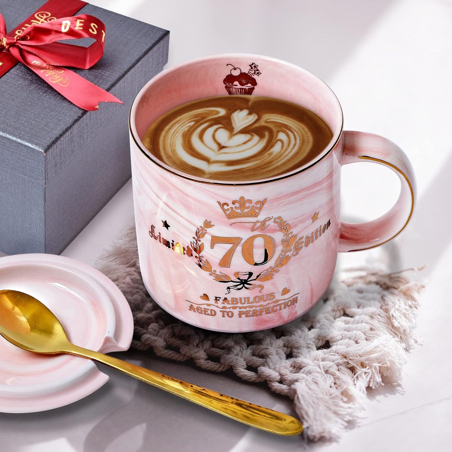 70Th Birthday Gifts for Women - 14Oz Pink Aged to Perfection Seventy Birthday Mug Printed with Gold - Happy Birthday Keepsakes Presents for 70 Years Old Grandma Mum Nanny, with Gift Box Lid Card Spoon