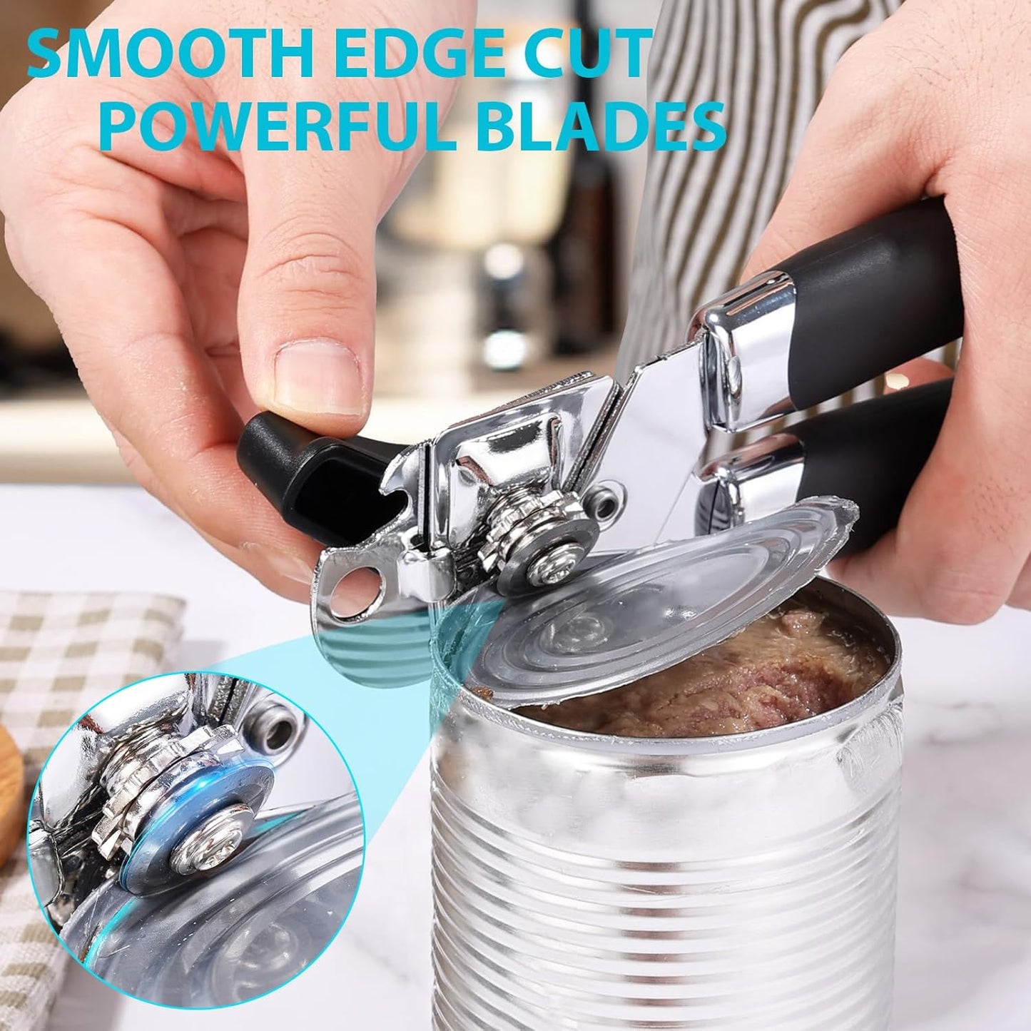 Tin Opener, 3-In-1Can Opener Handheld Heavy Duty Stainless Steel Can Openers with Multifunctional Bottle Opener, Black