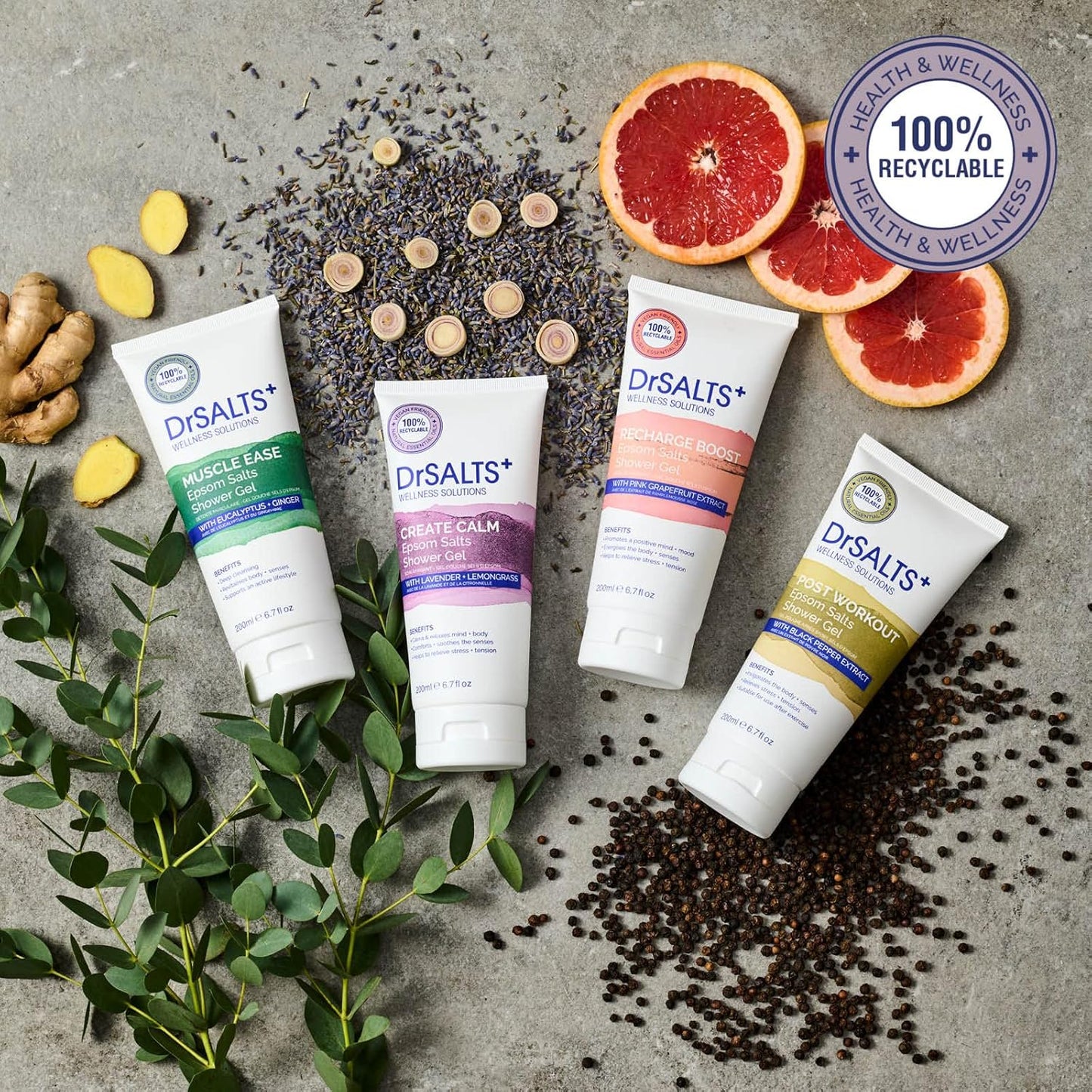 Drsalts+ Create Calm Shower Gel - Soothing Epsom Salts to Relax Body & Mind with Lavender, Chamomile & Lemongrass Essential Oils - Vegan & Cruelty-Free, 200Ml