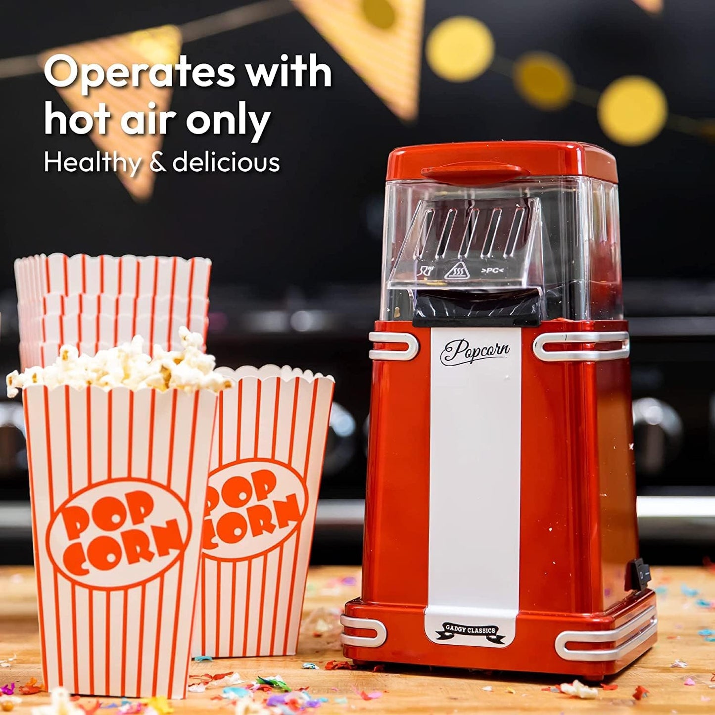 Popcorn Machine - Retro Popcorn Maker - Hot Air Popcorn Popper - Fat Free Oil Free Gourmet Popcorn - Healthy Snack