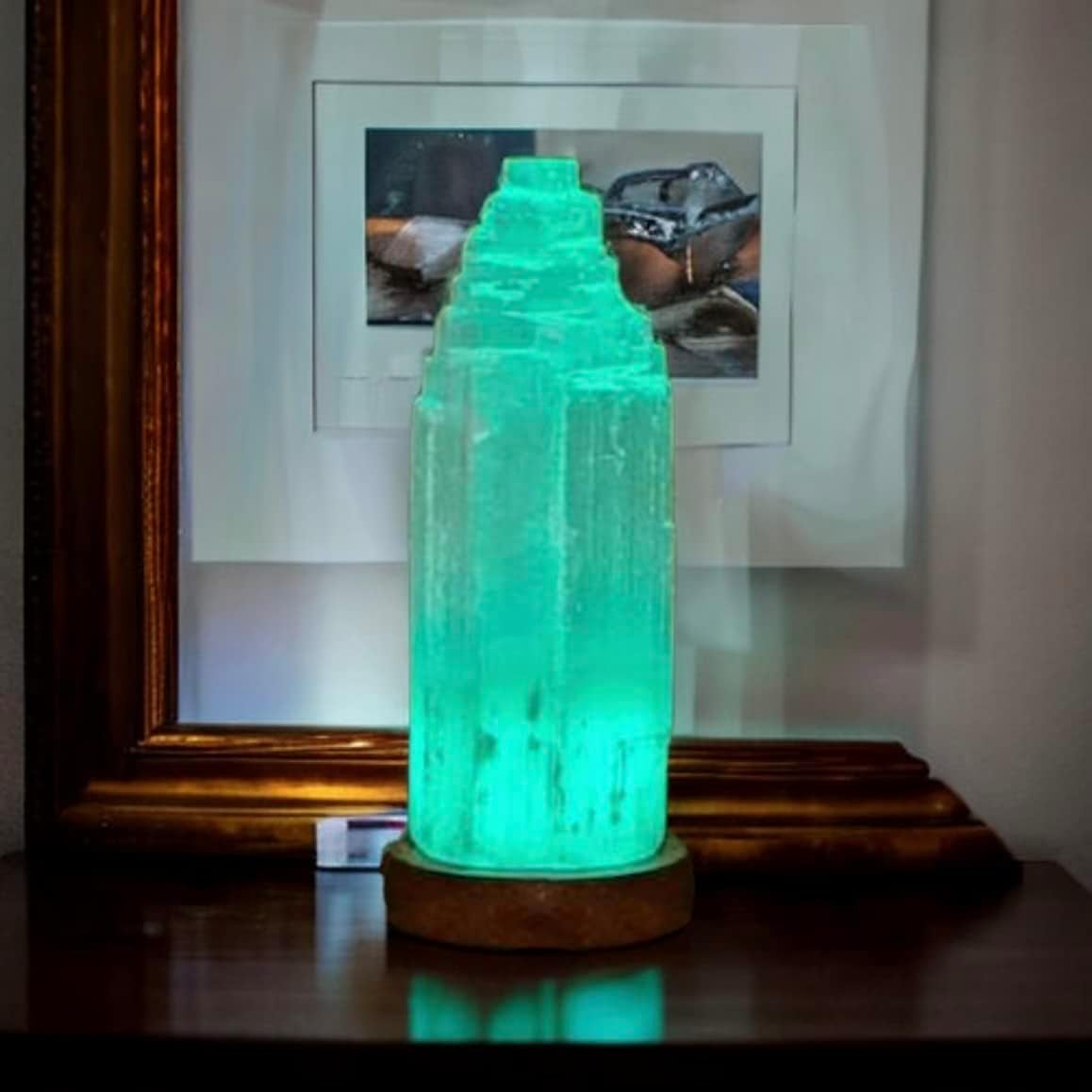 Pure Selenite Crystal Rock USB Mountain Tower LED Lamp Handcrafted Multi-Colour Wooden Base Meditation Healing Energy Mineral Gift Home Decoration Lamp (20Cm)