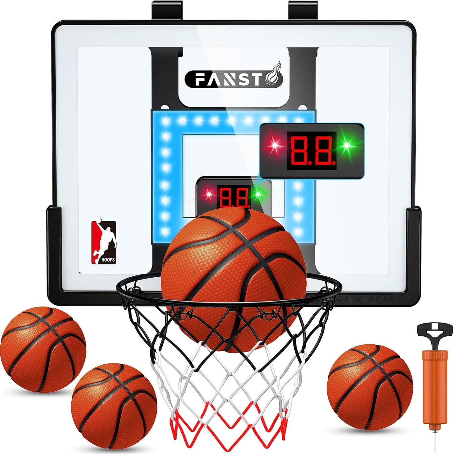 Indoor Basketball Hoop for Kids, over the Door Basketball Hoop with LED Cheering, Anti-Impact, 2 Game Mode& Mute Mode, Mini Door Room Basketball Toy Gift with 4 Ball for 5 6 7 8 9 10 11 12 Old Boys
