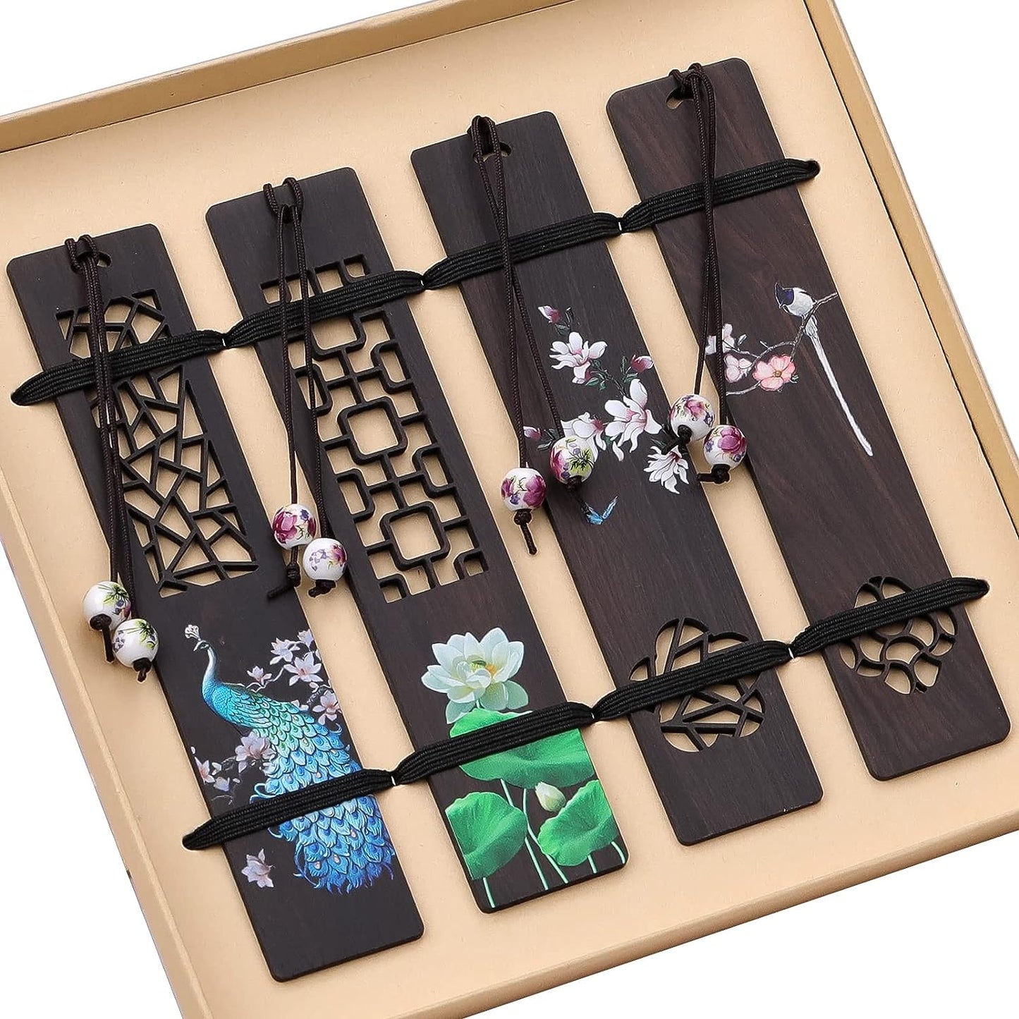 Wooden Bookmark for Men Women, Handmade Natural Wood Carving, Hollow Out and Painted Craft, Ideal Gifts for Men Women Friends Girls Teachers, Birthday Present (Peacock and Lotus)