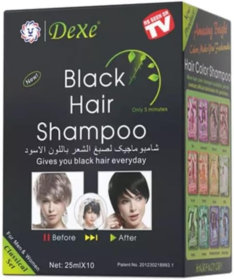 Instant Black Hair Shampoo 5 Minute Colour - Unisex, Quick, Easy to Use, Long Lasting, Grey Hair into Black (10 X 25Ml (Box))