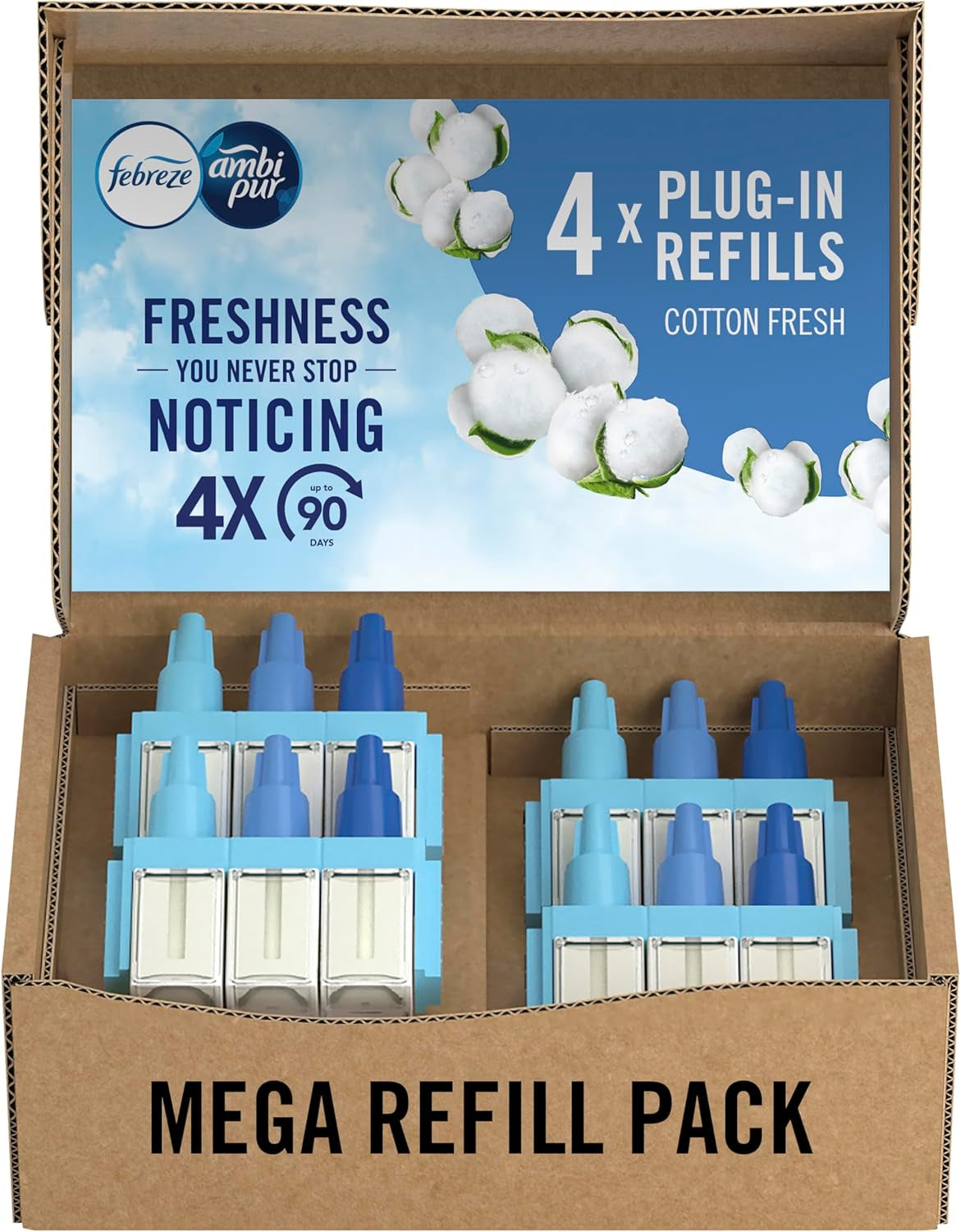 Febreze 3Volution Air Freshener Plug in Refill 80ML Cotton, 3 Alternating Scents to Fight Odours (Pack of 4), Febreze Plug in Refill, Air Freshener