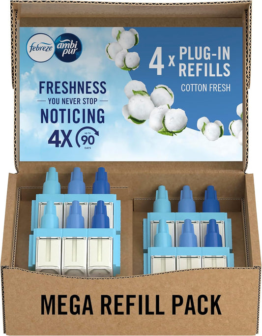 Febreze 3Volution Air Freshener Plug in Refill 80ML Cotton, 3 Alternating Scents to Fight Odours (Pack of 4), Febreze Plug in Refill, Air Freshener