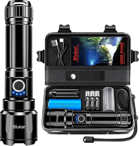 LED Torch, 500000 Lumens Super Bright Torches Led - Adjustable Focus, 5000 Mah, IP67 Waterproof, Powerful Long Lasting Handheld Flashlight for Power Cuts, Camping, Hiking, Emergency Etc.