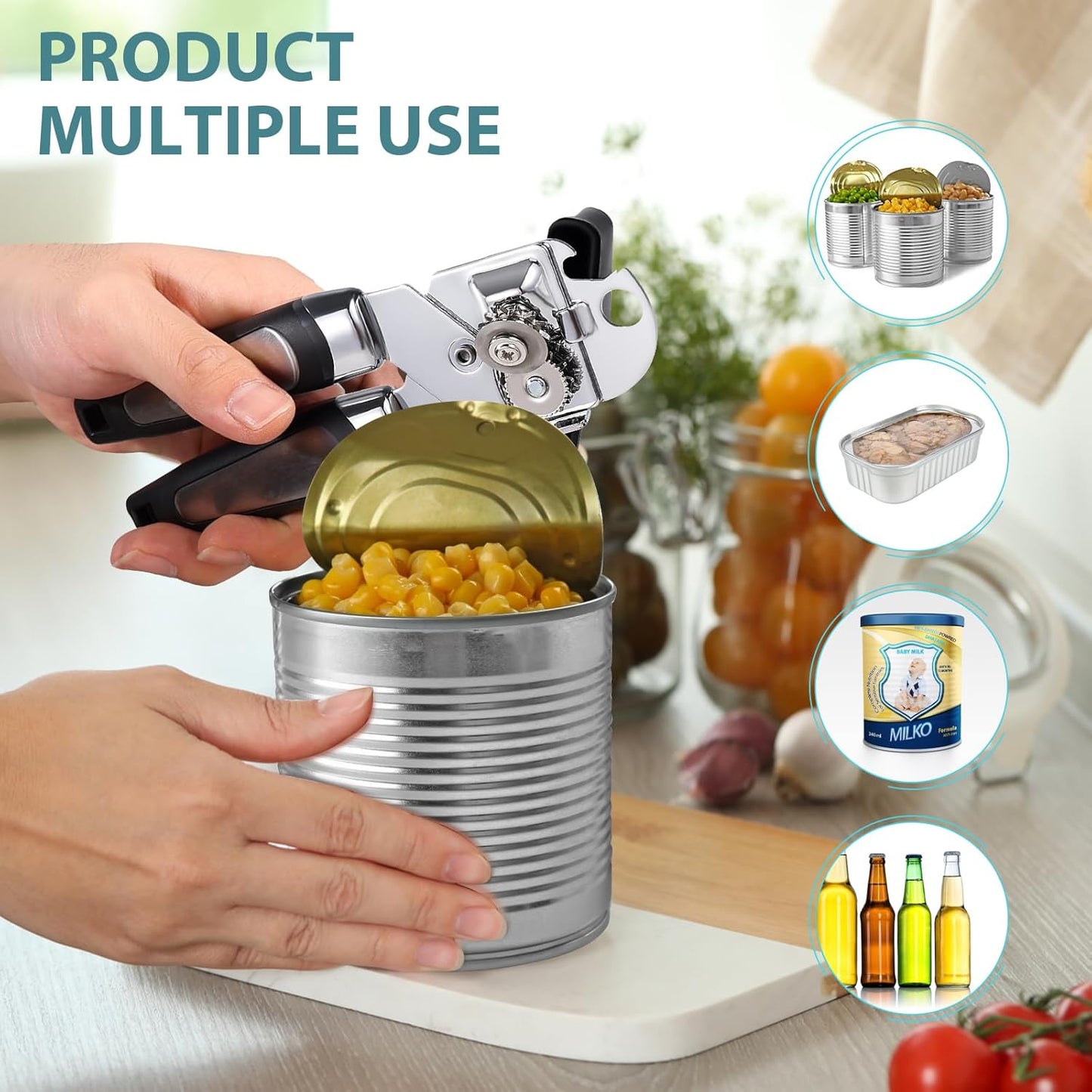 Tin Opener, 3-In-1Can Opener Handheld Heavy Duty Stainless Steel Can Openers with Multifunctional Bottle Opener, Black