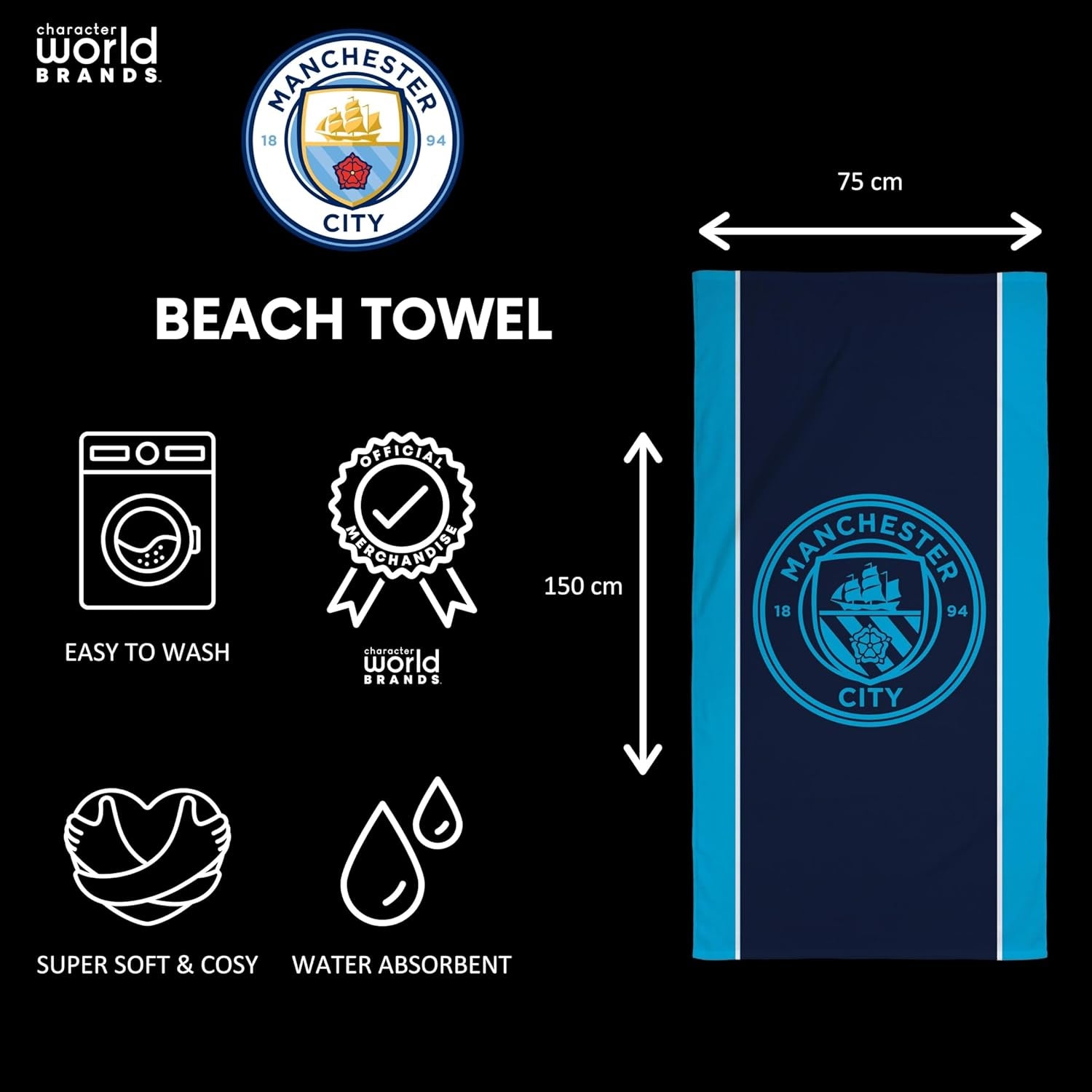 Manchester City FC  Official Towel | Super Soft Feel, Badge Football Club Design | Perfect the Home, Bath, Beach & Swimming Pool | One Size 75Cm X 150Cm | 100% Cotton