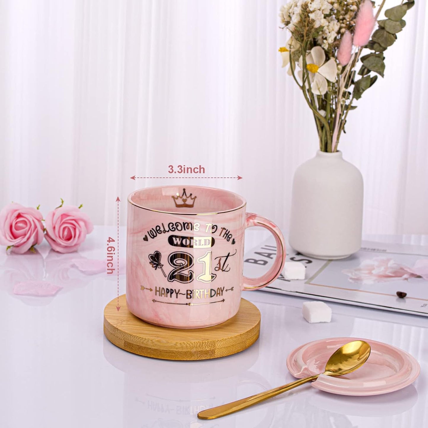 21St Birthday Gifts for Her Keepsake, 14Oz Lovely Pink Marble Ceramic Cup Printed with Gold, Lid, Spoon, Greeting Card, Happy 21St Bday Mug Present for Daughter, Girl, Sister, Niece, Gift Boxed