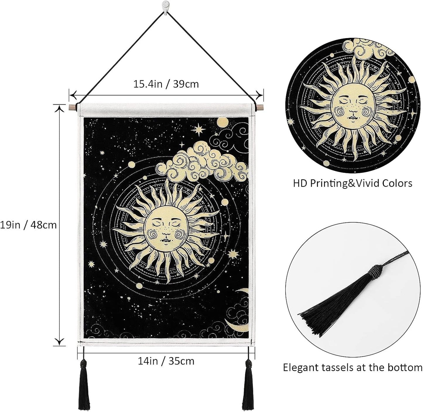 Japanese Moon and Sun Wall Tapestry with Tassels 2 Pack Black Banner Tapestry Wall Hanging Bohemian Wall Art Decor for Bedroom Aesthetic Living Room (Sun&Moon)