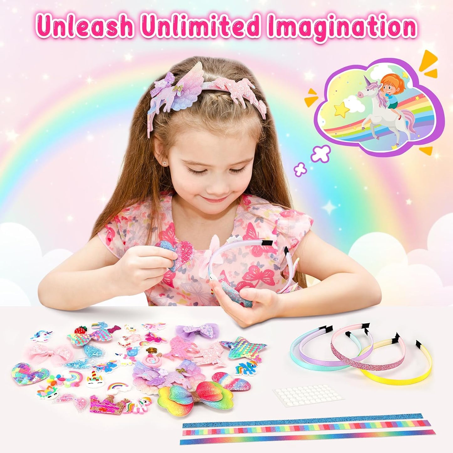 Unicorn Headband Making Kit for Girls Age 3+, Creative Craft Kits for Kids, DIY Hair Accessories & Hairbands - Girls Birthday Presents for Age 3 4 5 6 7 8 Year Old Girls Gifts Toys Set