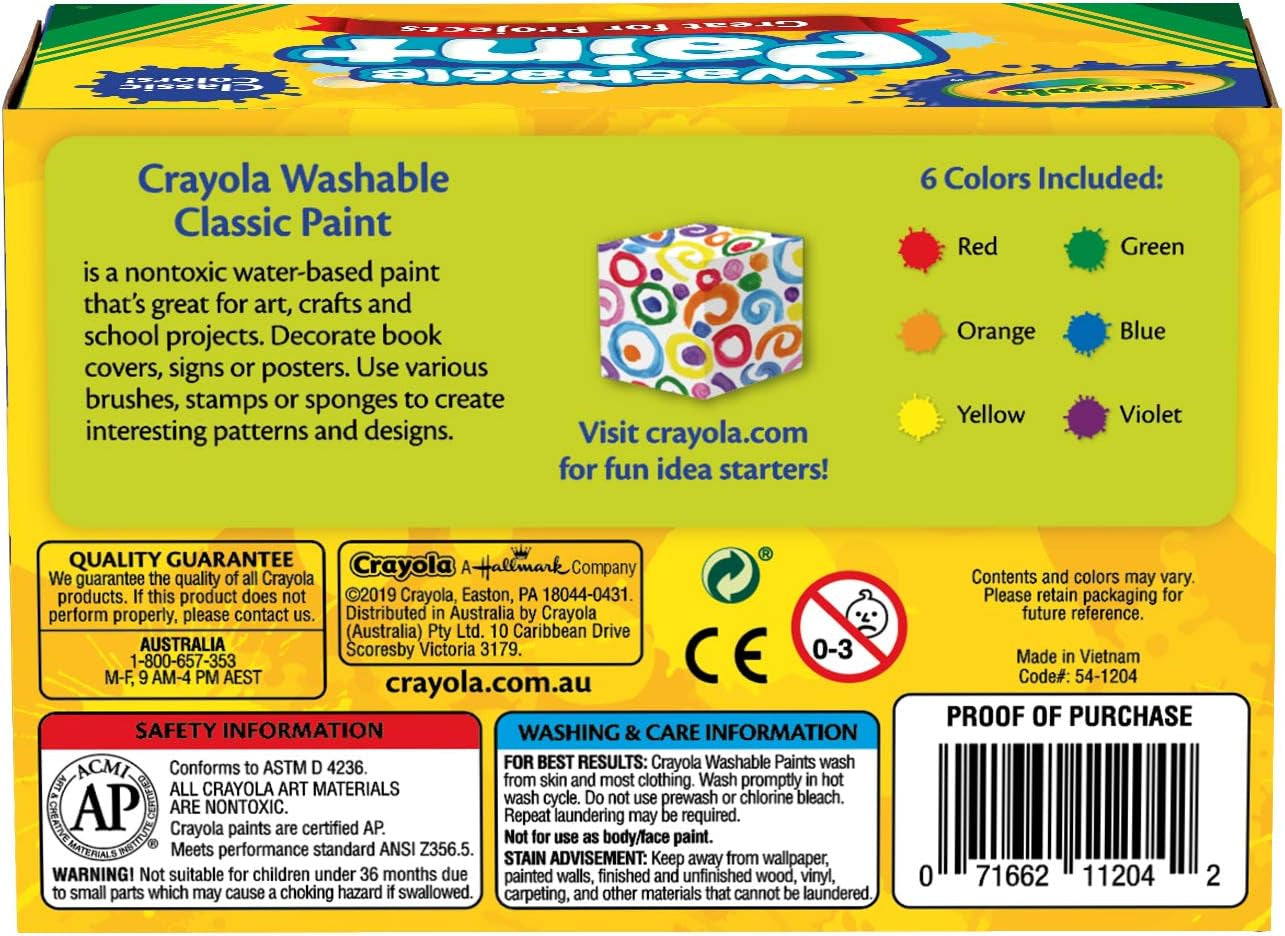 Washable Paints - Assorted Colours (Pack of 6) | Perfect for Any Arts & Crafts Needs - Easily Washable | Ideal for Kids Aged 3+ Packaging May Vary