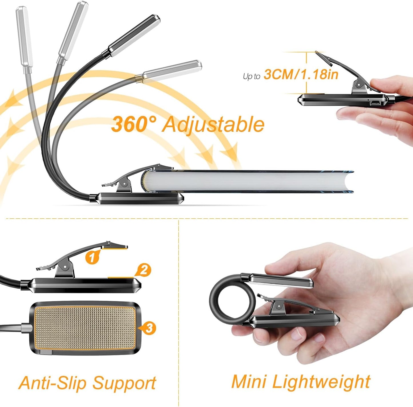 9 LED Clip on Book Light, 3 Eye-Protecting Modes Flexible Reading Light Book Lamp (Warm&Cool White) -Stepless Dimming, Rechargeable, Long Battery Life, 4-Level Power Indicator